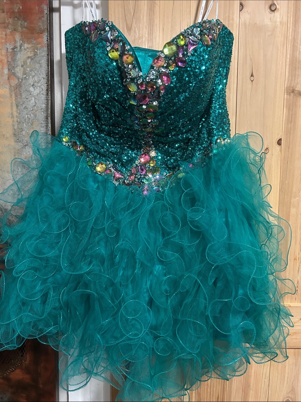 Teal heavily Bejeweled Gem detailed Ruffle Party Dress Corset and zip back
